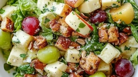 Bowl of easy homemade Waldorf Salad with apples, walnuts, and grapes