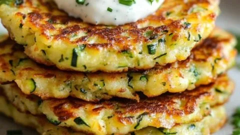 Crispy homemade zucchini fritters on a plate, garnished with herbs.