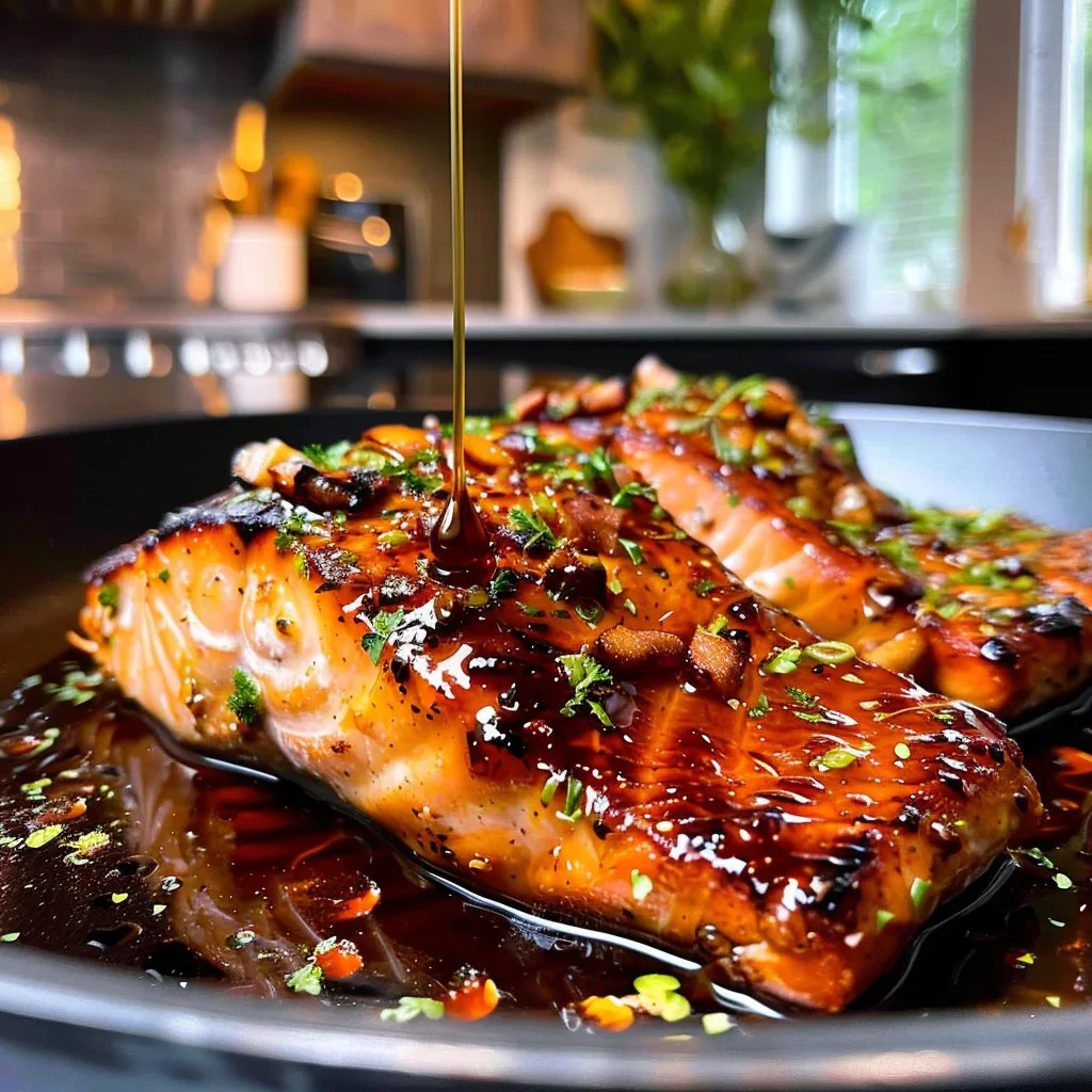 Delicious honey garlic salmon fillet with a glaze, served on a plate