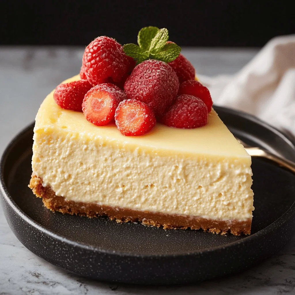 Delicious Easy Instant Pot Cheesecake served on a dessert plate with fruits