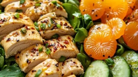 Bowl of Easy Mandarin Chicken Salad with fresh greens and citrus dressing