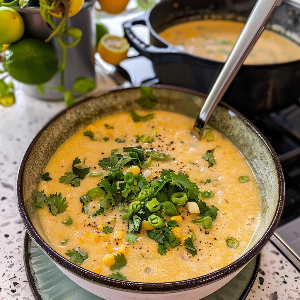 Bowl of Easy Mexican Street Corn Soup topped with cilantro and cheese