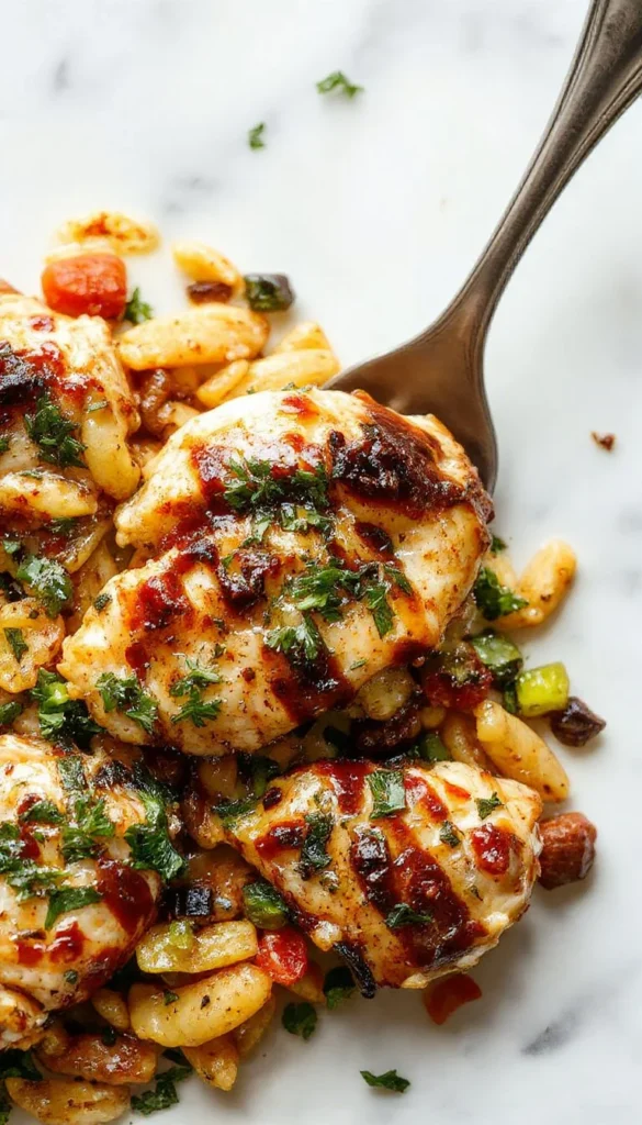 One-Pan Balsamic Chicken Orzo with fresh vegetables ready to serve