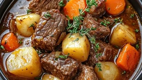 Delicious easy one-pot beef stew with vegetables and tender meat
