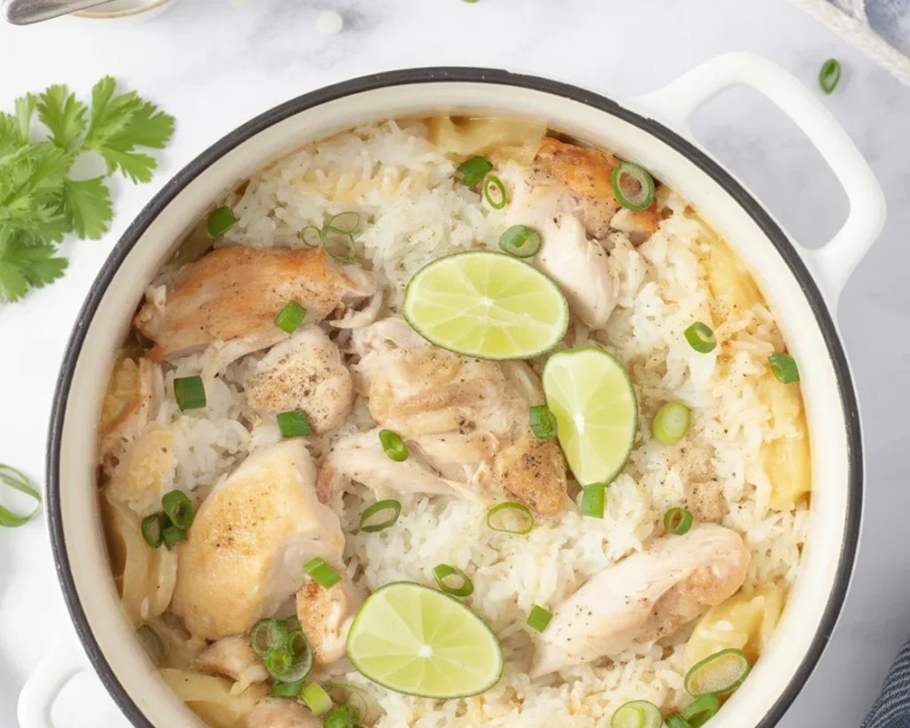 One Pot Coconut Chicken & Rice meal featuring tender chicken and creamy coconut milk over rice.