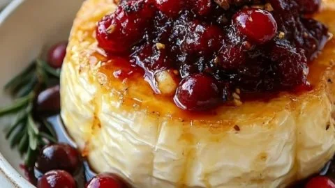 Delicious oven-baked brie topped with cranberry sauce on a wooden serving board.