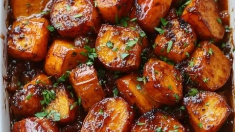Delicious easy oven-baked candied yams in a baking dish with syrup glaze.