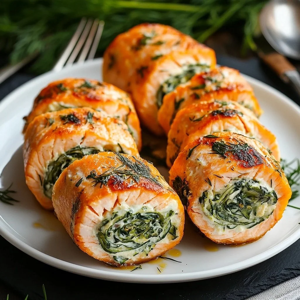 Easy spinach and feta stuffed salmon pinwheels on a plate