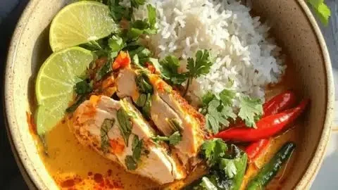 A bowl of vibrant Thai red curry with vegetables and rice, showcasing comfort food.