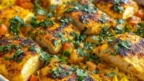 Easy turmeric chicken and rice casserole dish ready to be served