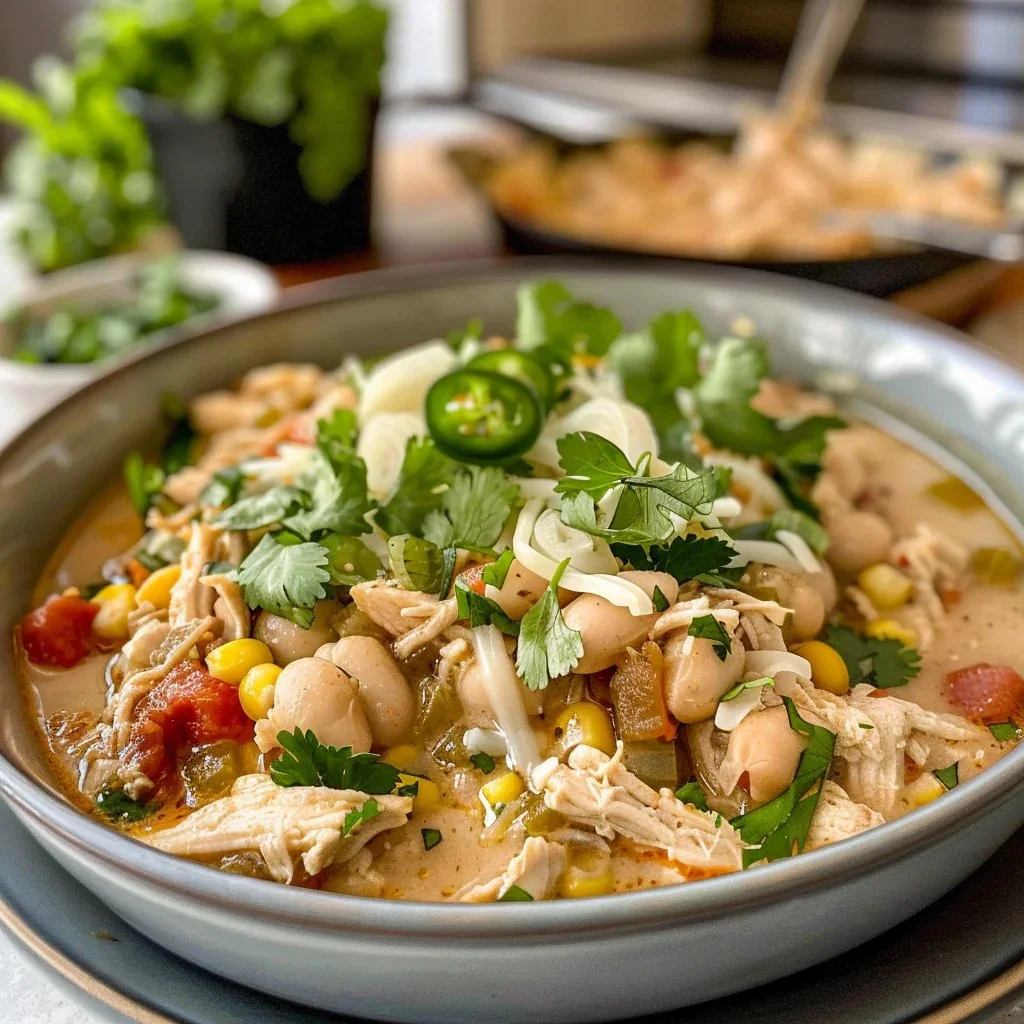 Bowl of easy white chicken chili garnished with cilantro and lime.