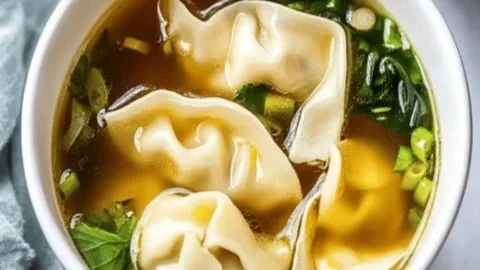 Bowl of easy homemade wonton soup with fresh ingredients
