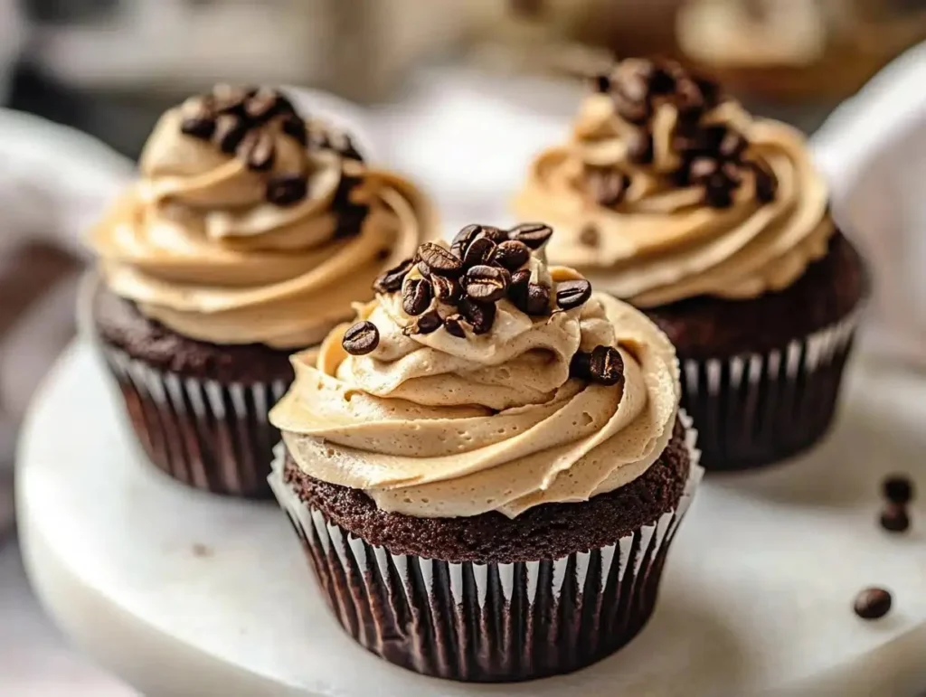 Delicious espresso cupcakes with rich espresso frosting on a decorative plate