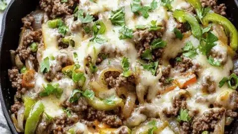 Extra Veggie Ground Beef Philly Skillet with colorful vegetables and spices
