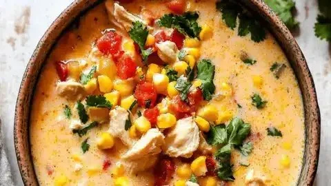 Bowl of Fiesta Chicken Corn Chowder topped with cilantro and lime.
