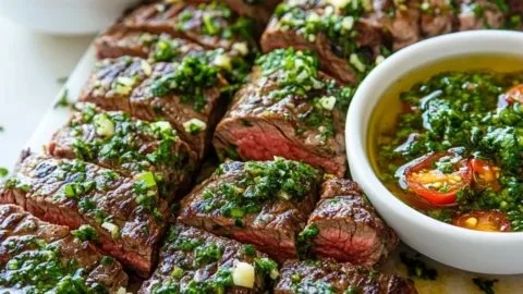 Flavor-packed skirt steak served with a vibrant chimichurri sauce