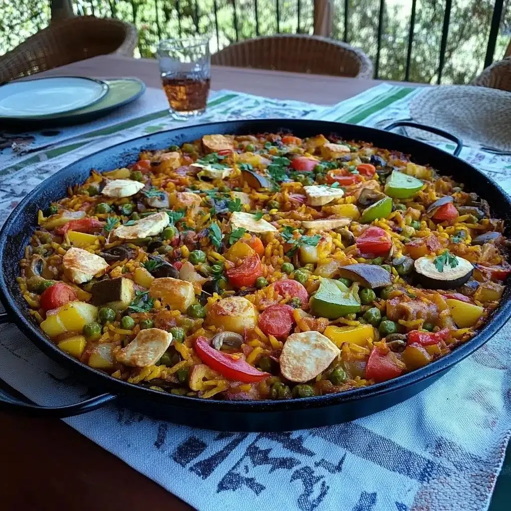 Colorful vegan vegetable paella served in a traditional pan