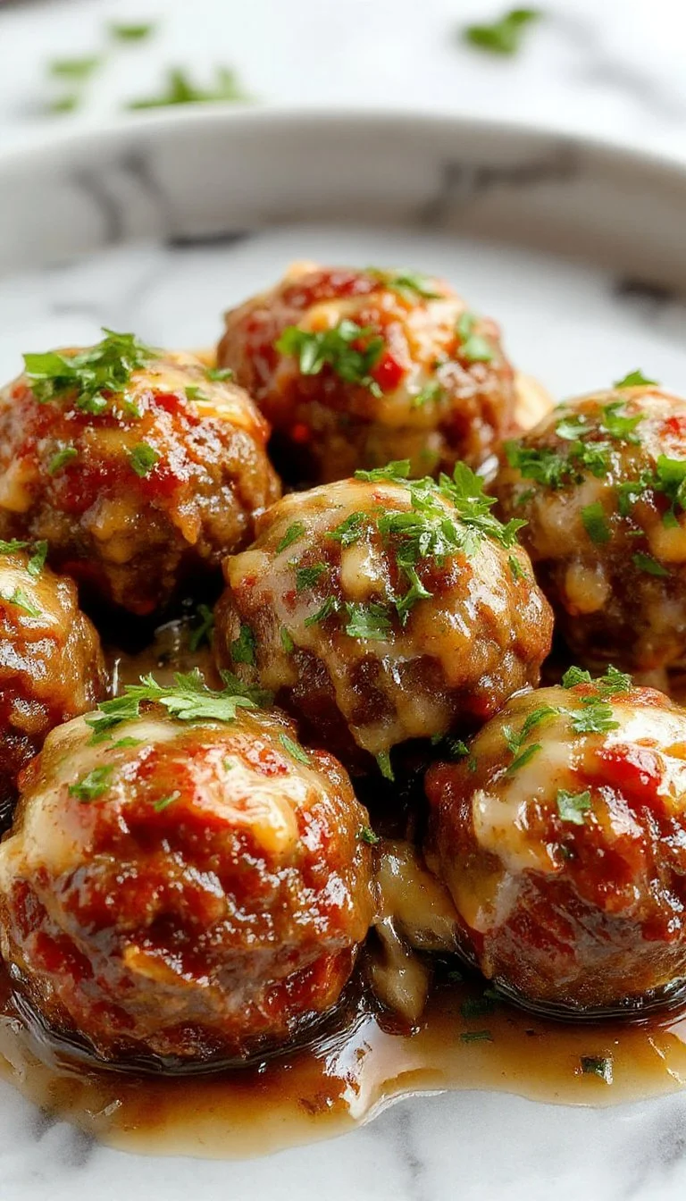 Delicious French onion meatballs served with a savory onion sauce in a rustic dish.