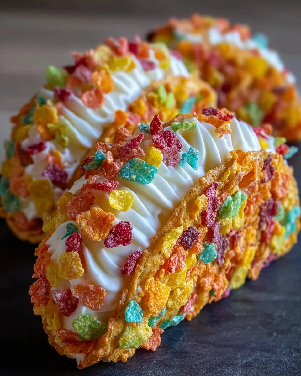 Fruity Pebbles Cheesecake Tacos with colorful cereal and creamy filling