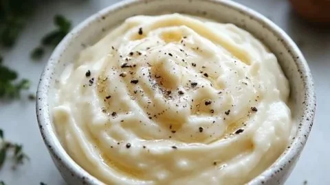 Homemade Garlic Aioli sauce in a bowl with fresh garlic cloves