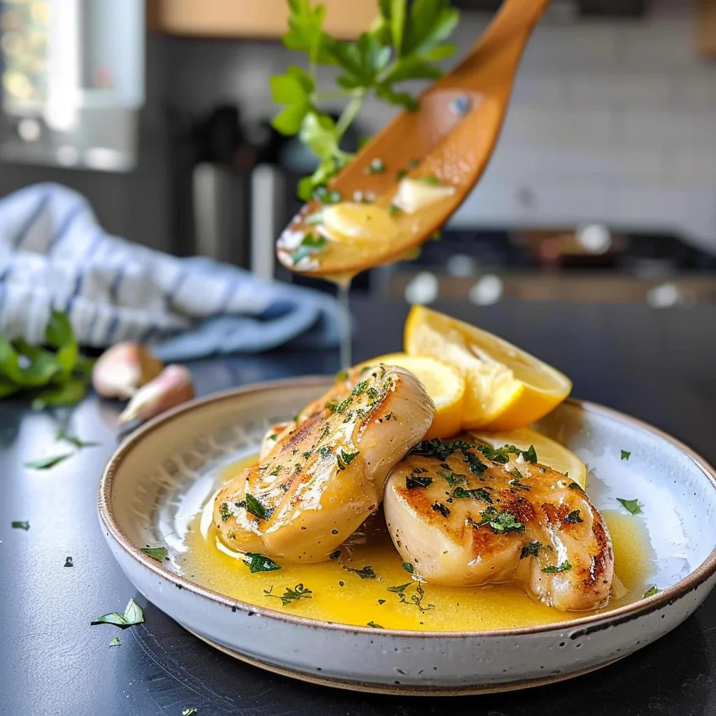 Delicious garlic butter sauce drizzled over pasta and fresh herbs.