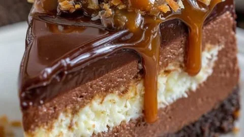 Slice of German Chocolate Cheesecake topped with coconut and pecans