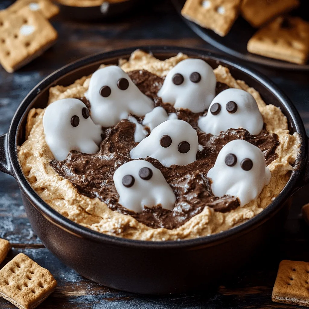 Delicious Ghost S’mores Dip served in a bowl with ghost-shaped marshmallows.