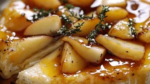 Golden Baked Brie topped with caramelized apples and fresh thyme.