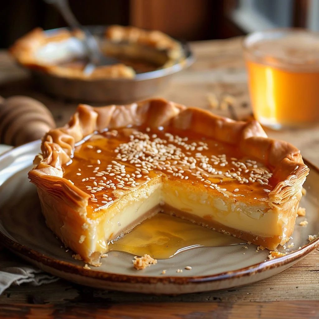 Slice of Golden Greek Honey Pie drizzled with honey and topped with nuts.