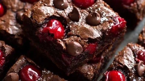 Gooey chocolate cherry brownies topped with cherry slices and drizzled chocolate.