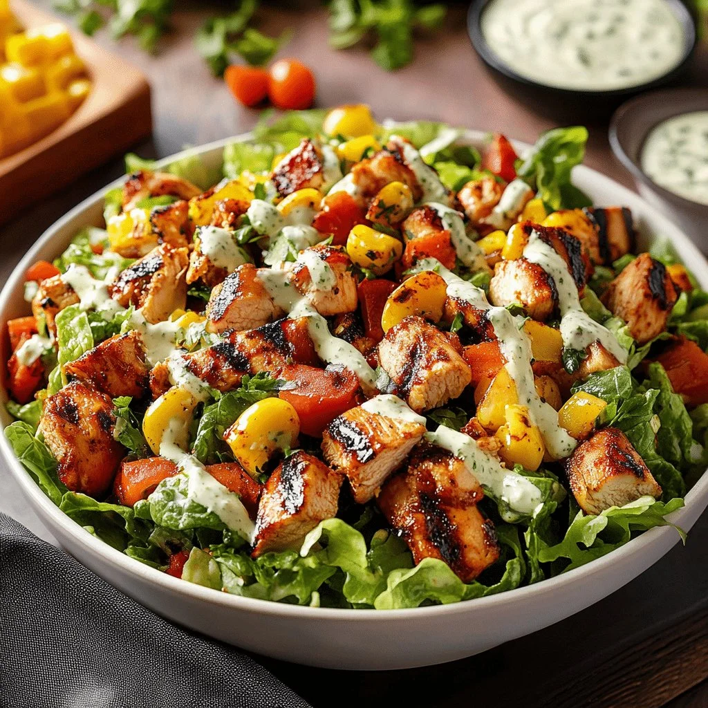 Delicious grilled BBQ chicken salad topped with fresh veggies