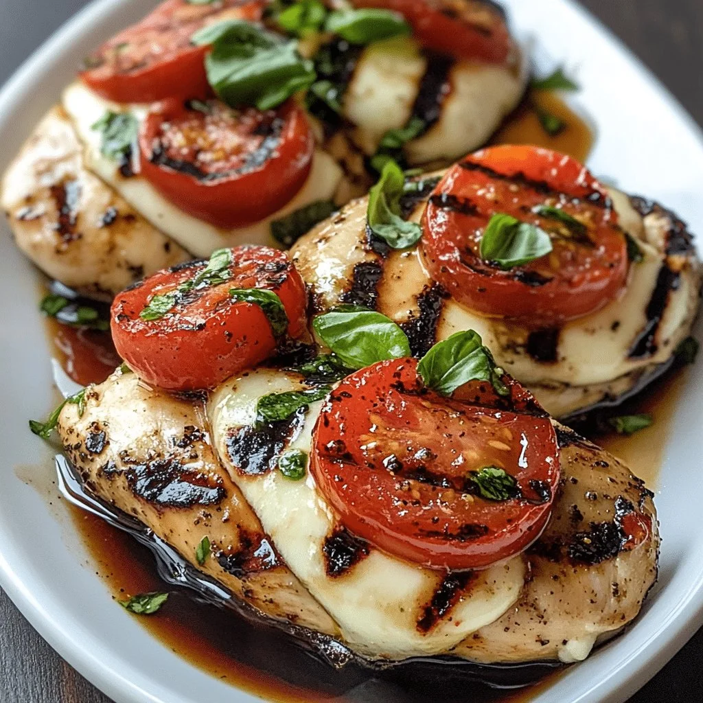 Grilled Caprese Chicken with mozzarella, tomatoes, and basil on a plate