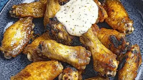 Grilled chicken wings served with Alabama White Sauce on a plate