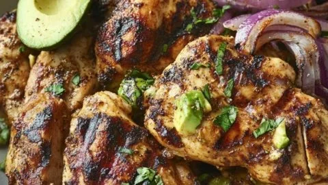 Delicious grilled chicken served with fresh avocado salsa on top.