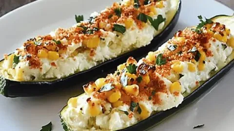 Delicious grilled corn-stuffed zucchini boats garnished and ready to serve.