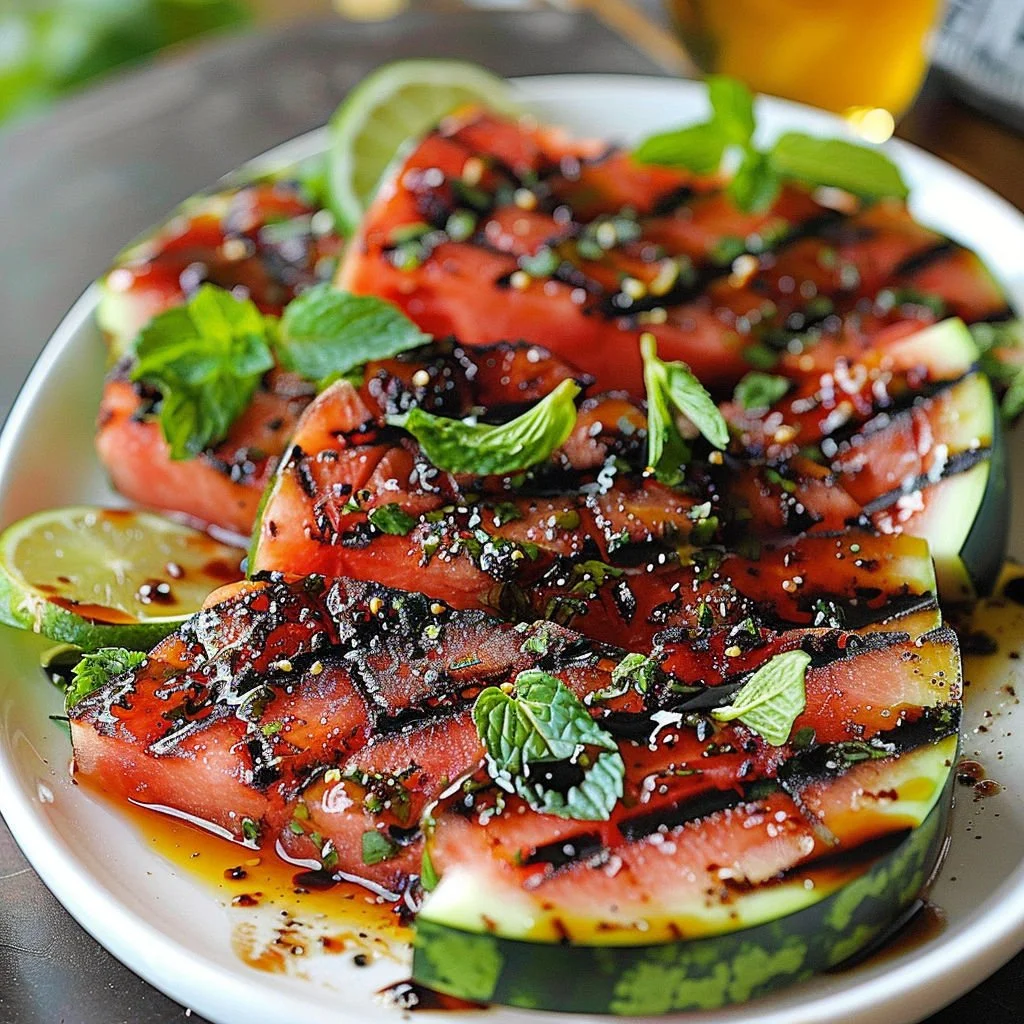 Grilled watermelon slices drizzled with balsamic glaze on a plate