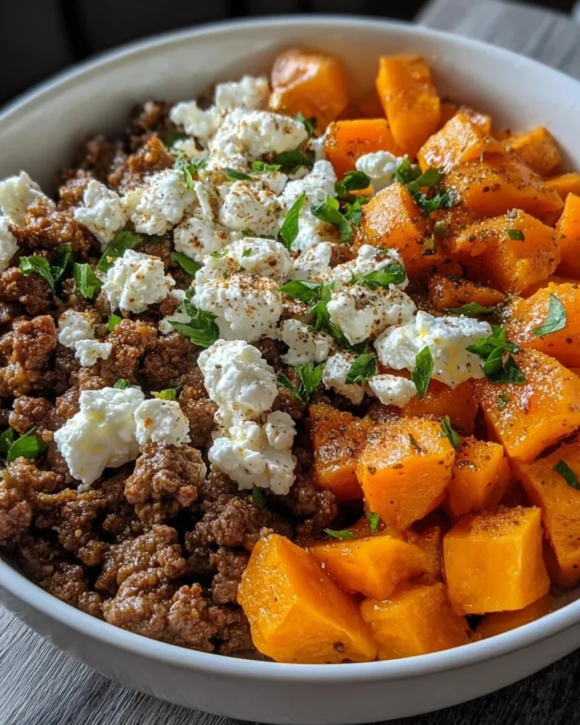 Ground beef sweet potato cottage cheese bowl, a healthy meal option.