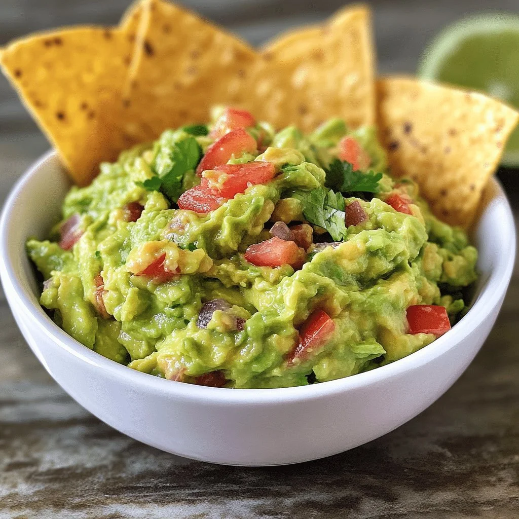 Bowl of fresh guacamole with ingredients like avocado, lime, and cilantro