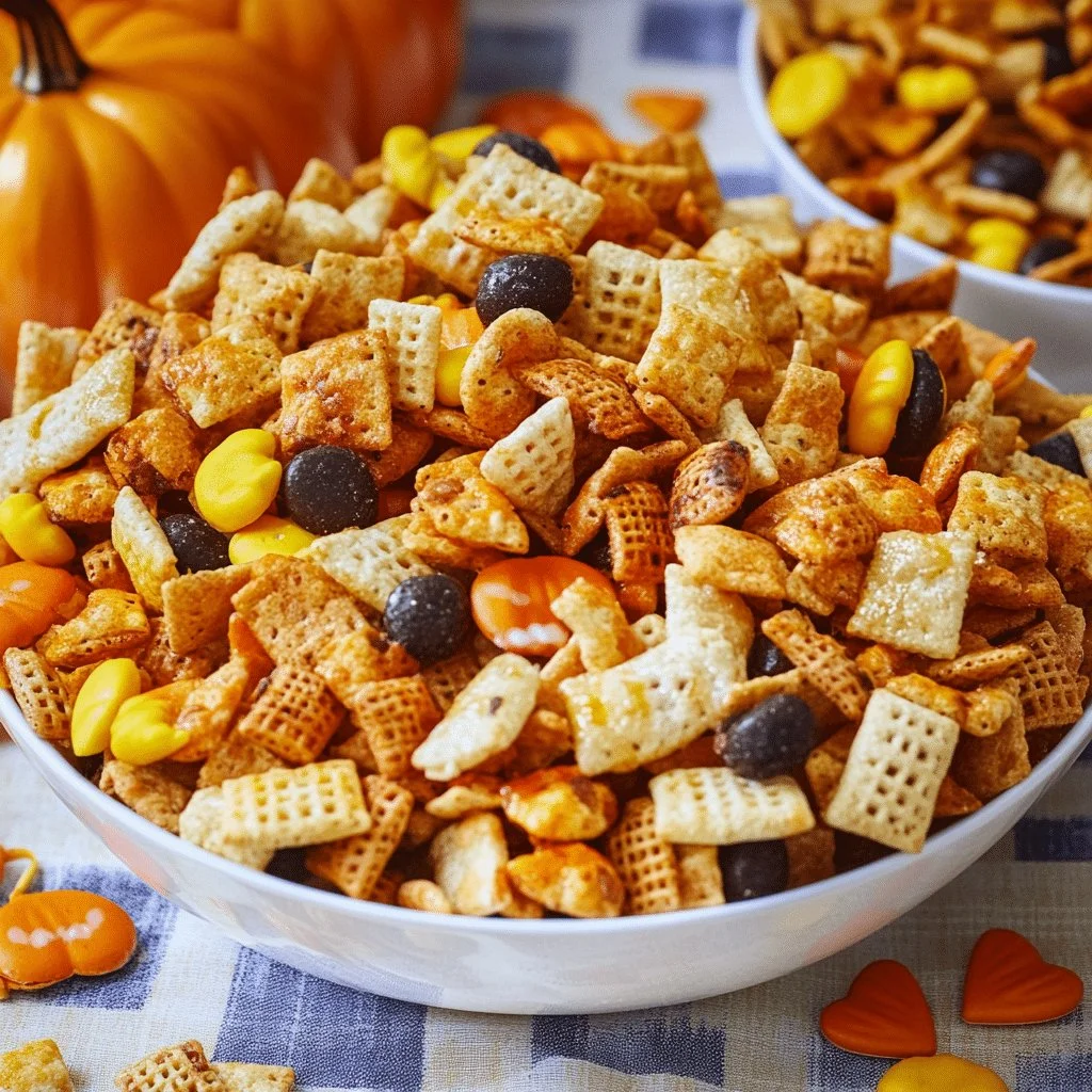 Colorful Halloween Chex Mix with festive candies and snacks in a bowl