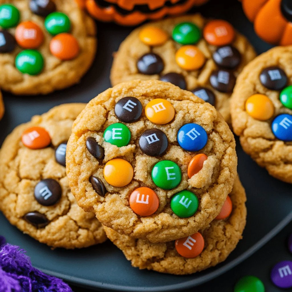 Festively decorated Halloween cookies with colorful M&M details.