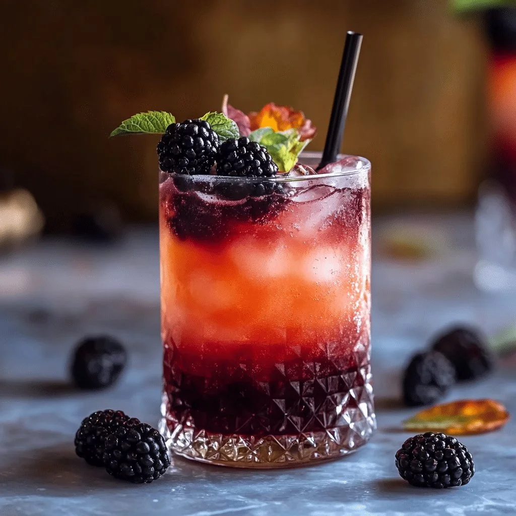 Spooky Halloween mocktail made with kombucha and blackberries in a spooky glass.