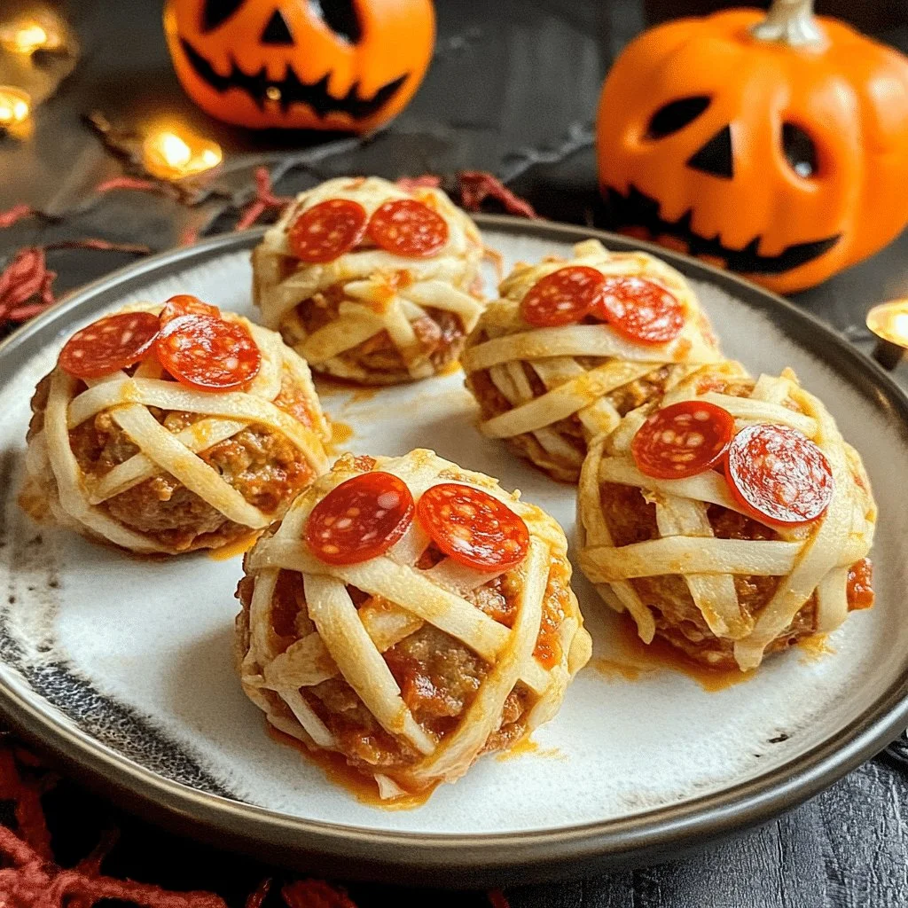 Spooky Halloween Mummy Meatballs wrapped in dough and served as a fun dish