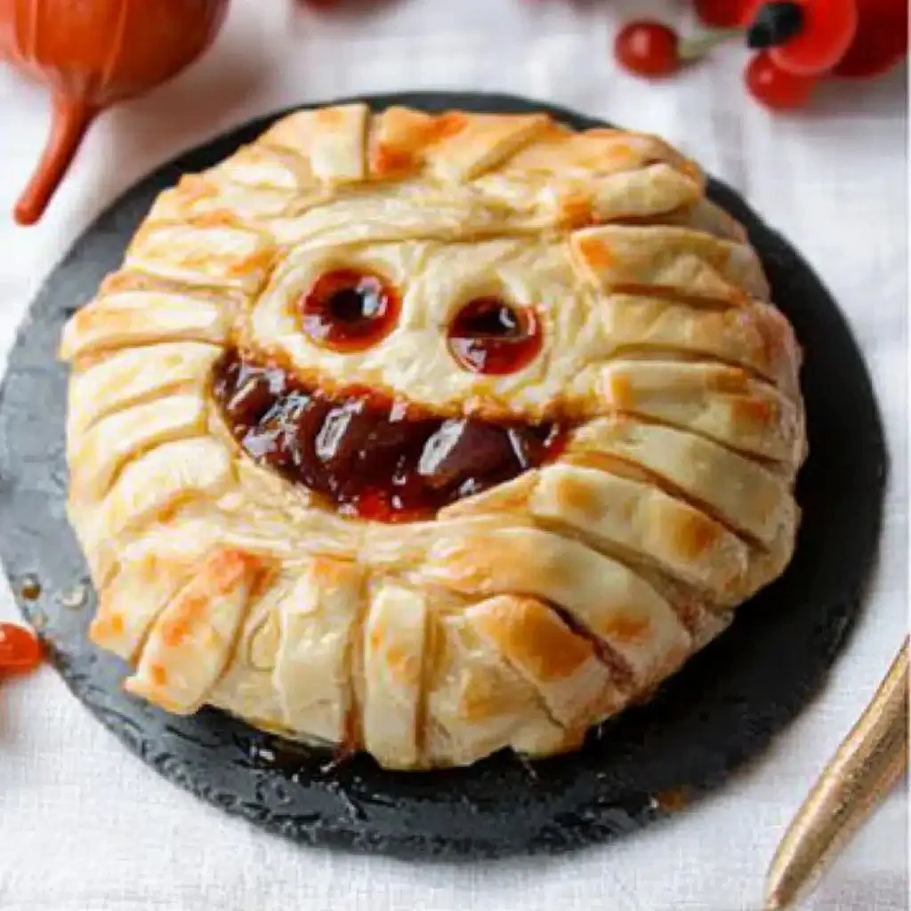 A spooky Halloween bloody baked brie appetizer topped with red fruit compote.