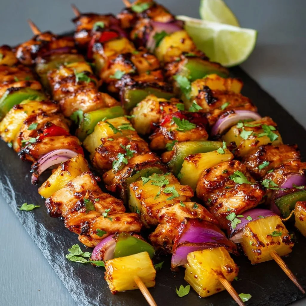 Hawaiian Chicken Pineapple Kebabs on a grill