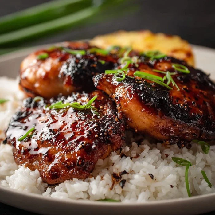Delicious Hawaiian Huli Huli Chicken grilled and garnished with fresh herbs