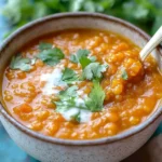 Bowl of hearty curry lentil soup garnished with fresh herbs and spices