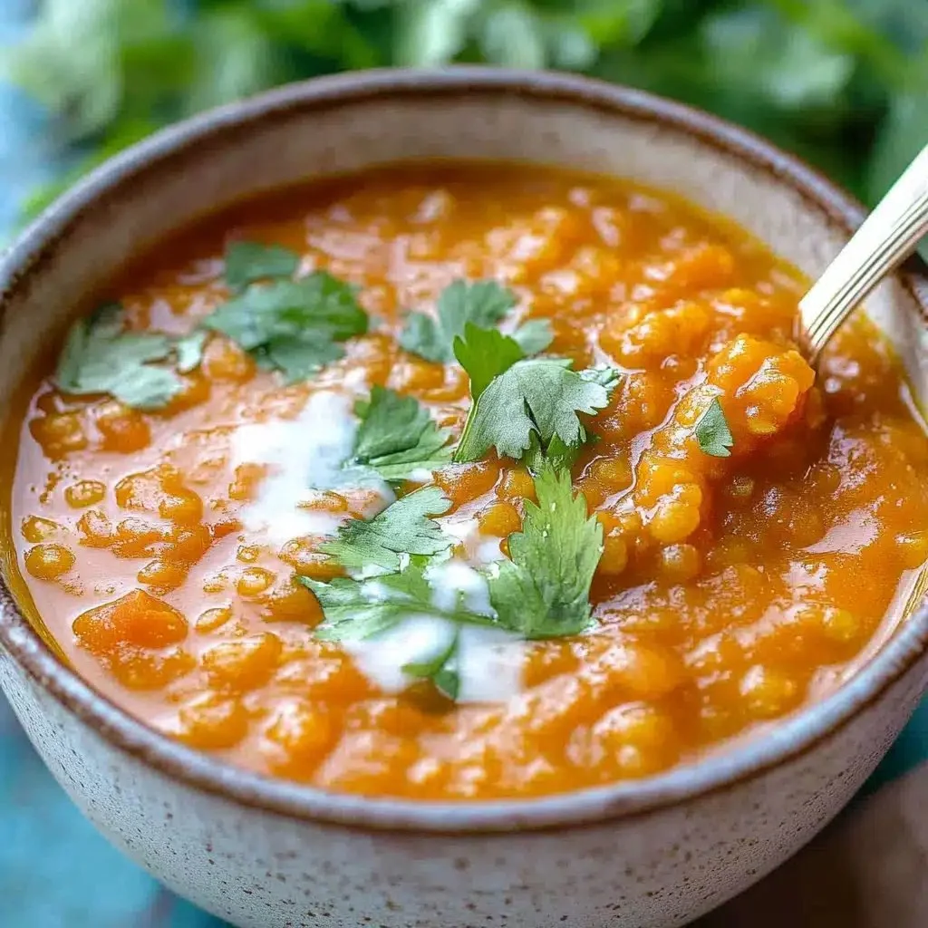 Bowl of hearty curry lentil soup garnished with fresh herbs and spices