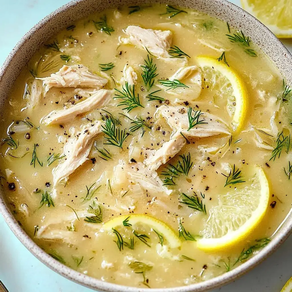Bowl of Healing Greek Lemon Chicken Soup (Avgolemono) with fresh herbs
