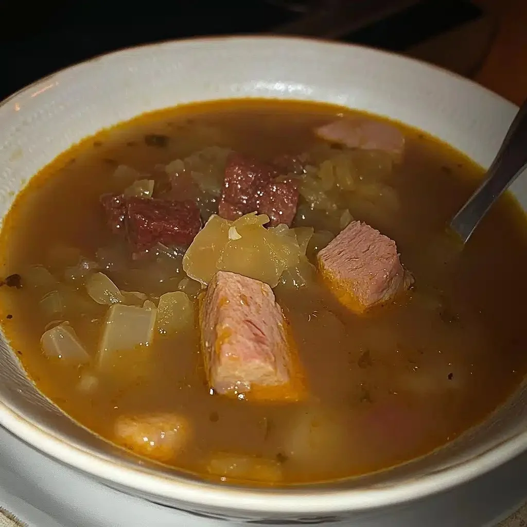 Bowl of traditional Czech sauerkraut soup served with crusty bread