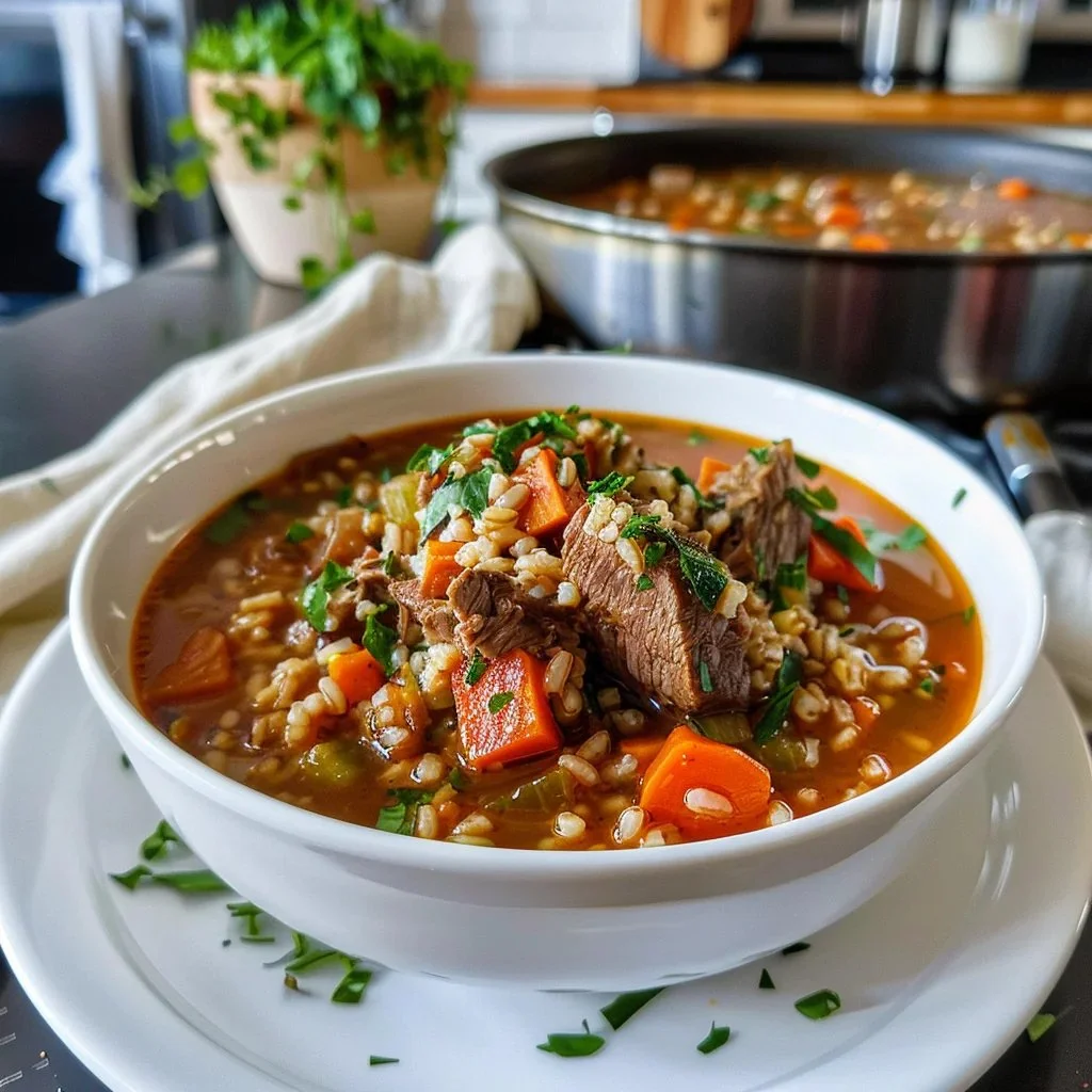 Bowl of hearty beef barley soup with vegetables and herbs